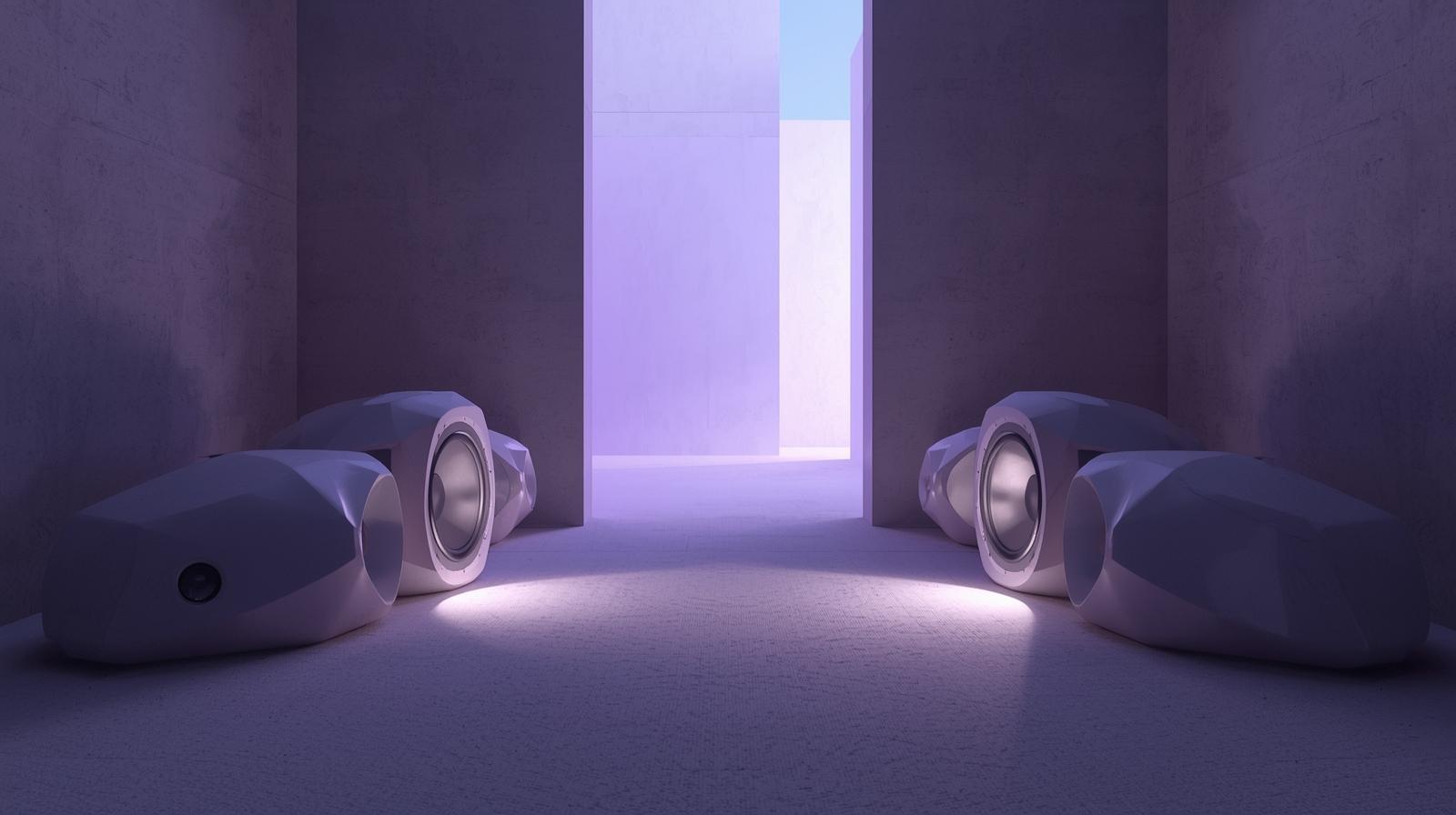 A minimalist and clean photography style capturing abstract speakers with sharp, angular edges, set against a minimalistic ambient background of smooth grey walls in a minimal brutal villa. A gentl